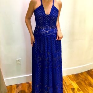 BCBG Christel Floral Lace Gown in Blue Sapphire